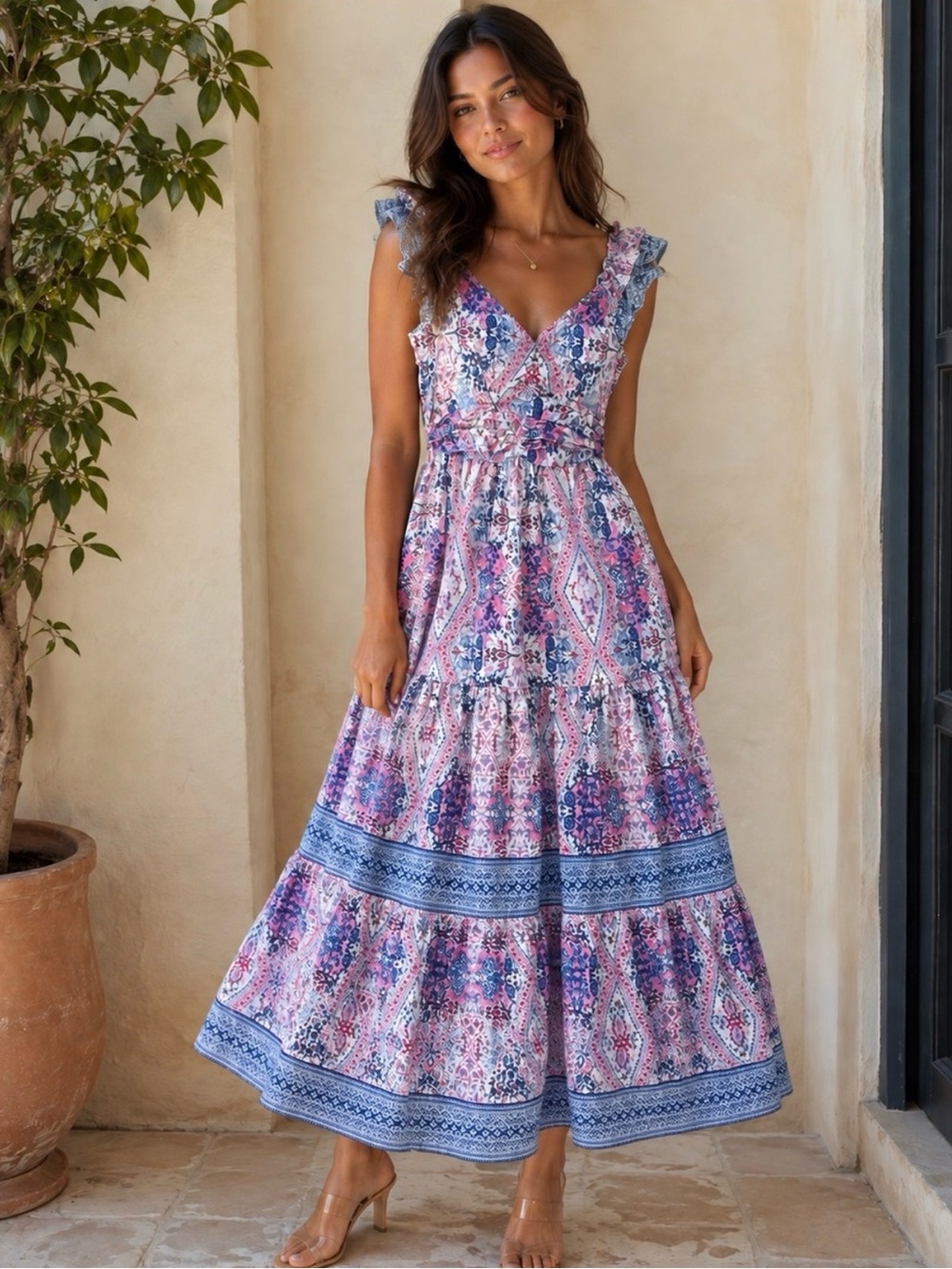 Caroline Constas Pink & Blue Floral Ruffled Maxi Dress